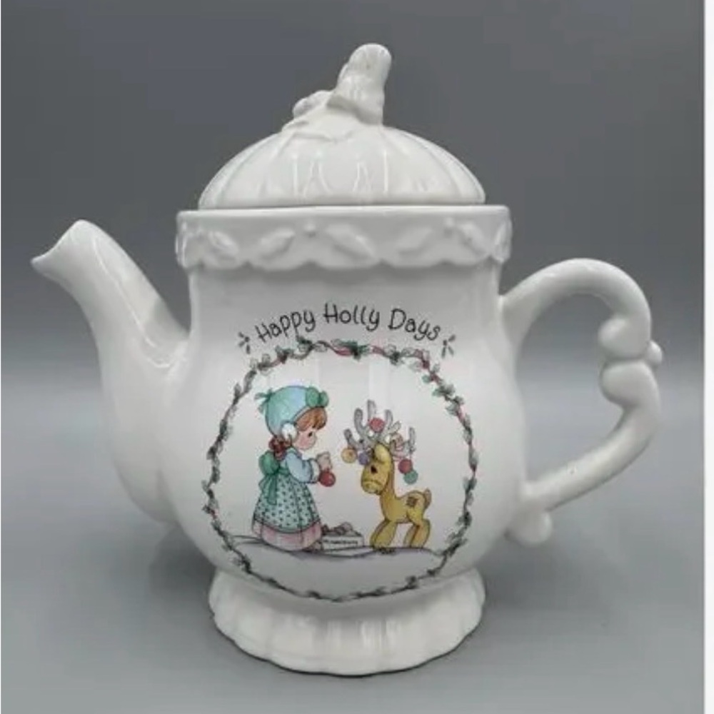 Precious Moments White Holiday Teapot plus surprise gift excellent condition